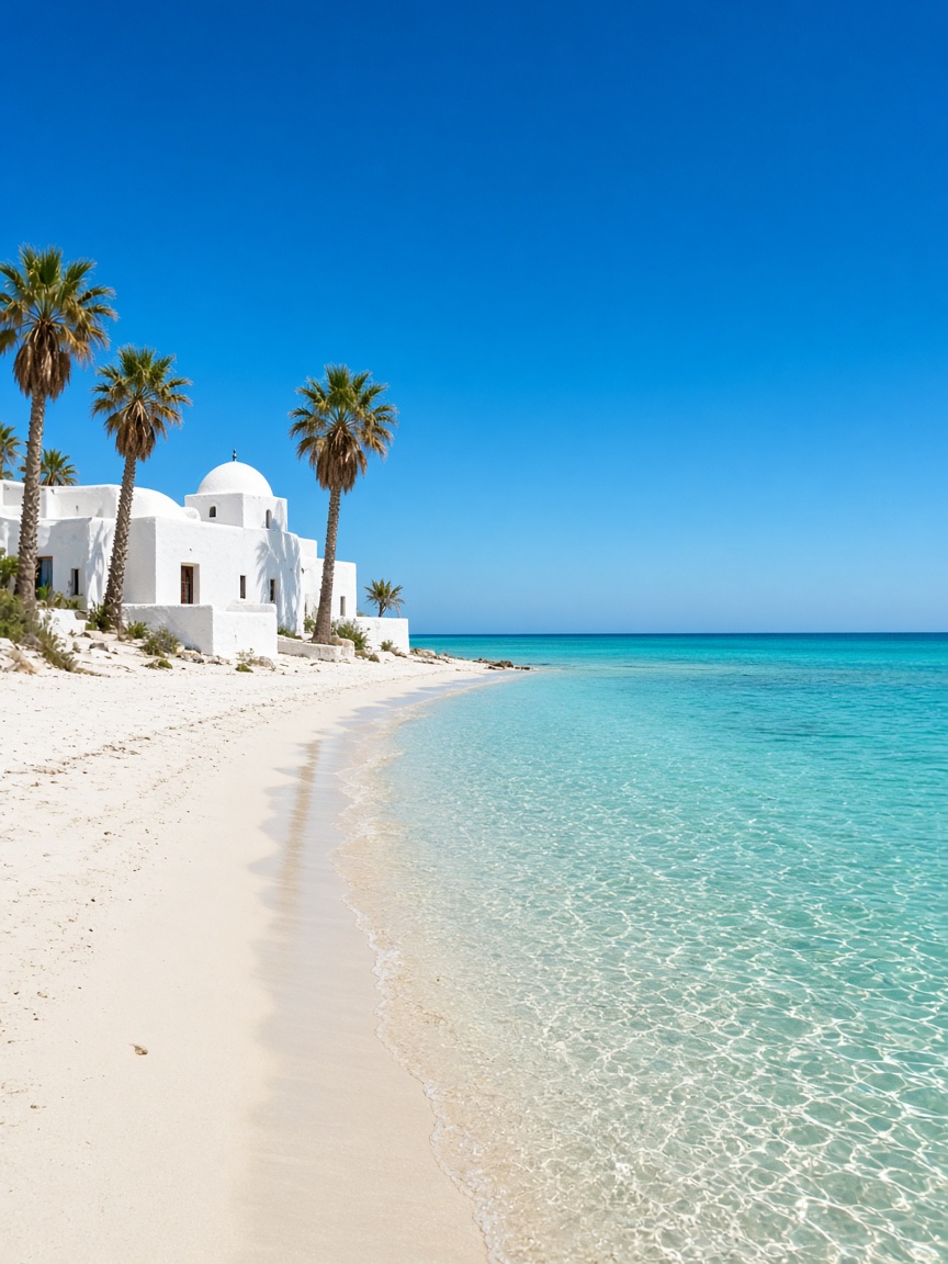 Plage de sable blanc et eau turquoise à Djerba