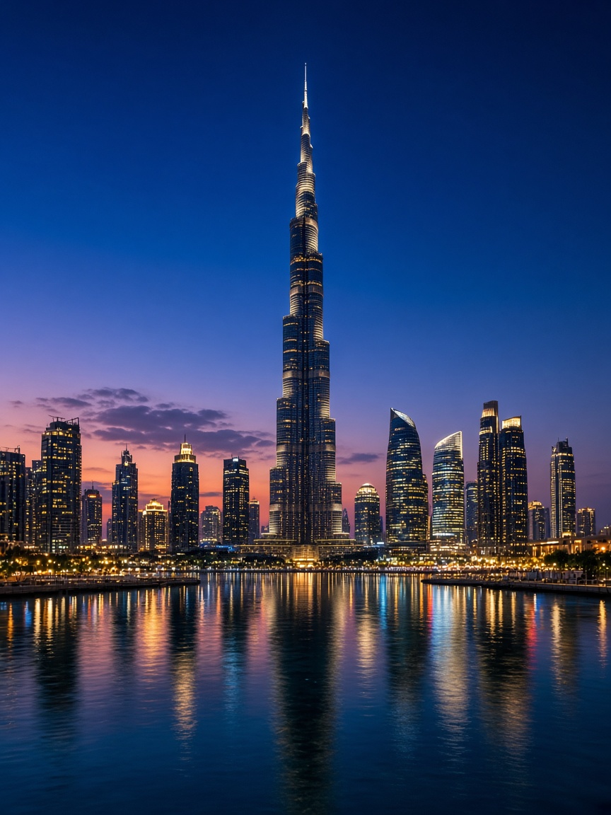 Burj Khalifa et gratte-ciel de Dubaï à l'heure bleue