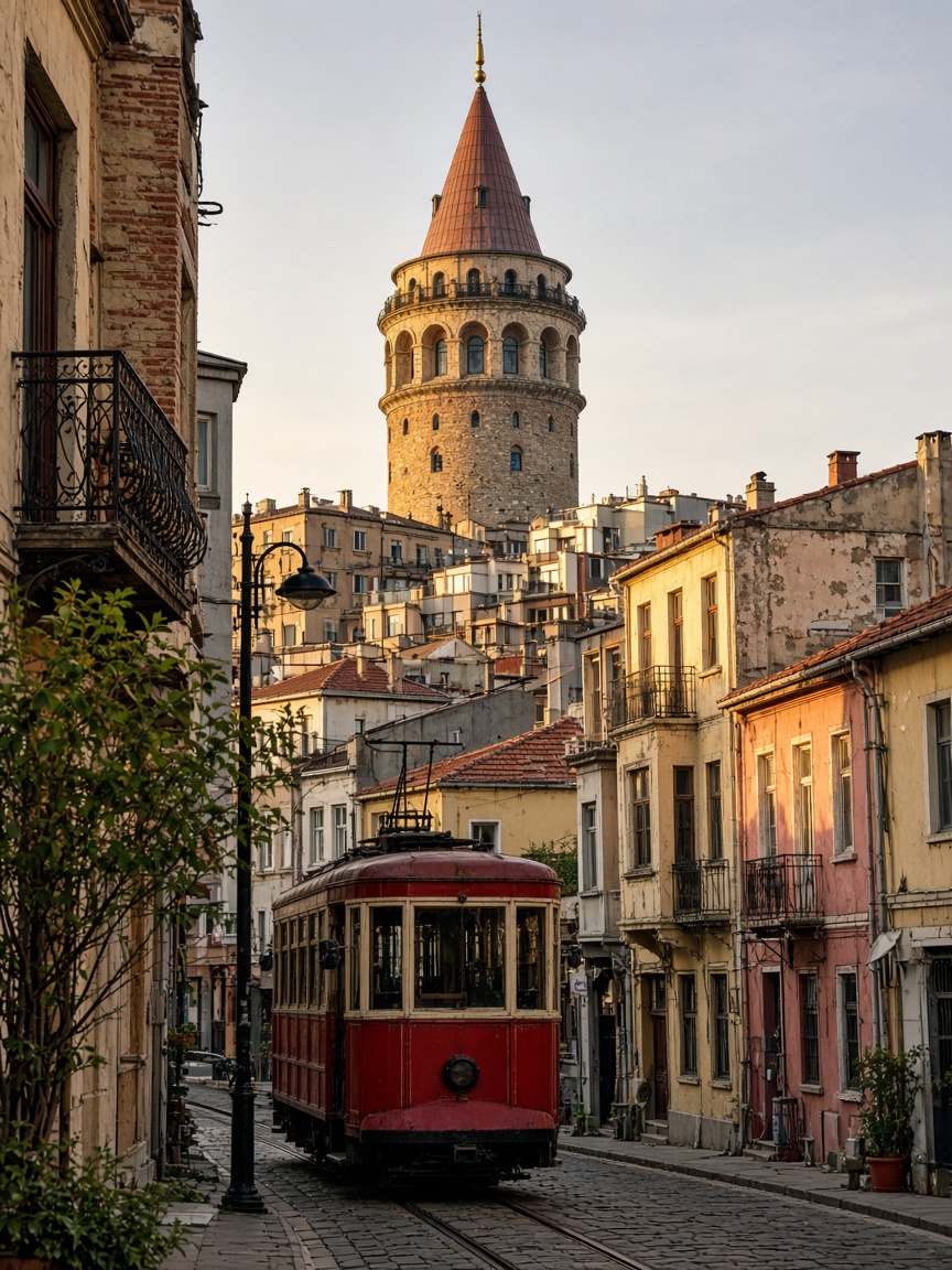 Tour de Galata et tramway rouge à Istanbul