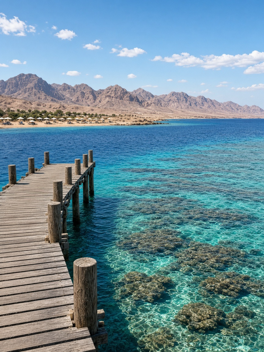 Ponton en bois au-dessus des récifs de la mer Rouge à Sharm El Sheikh