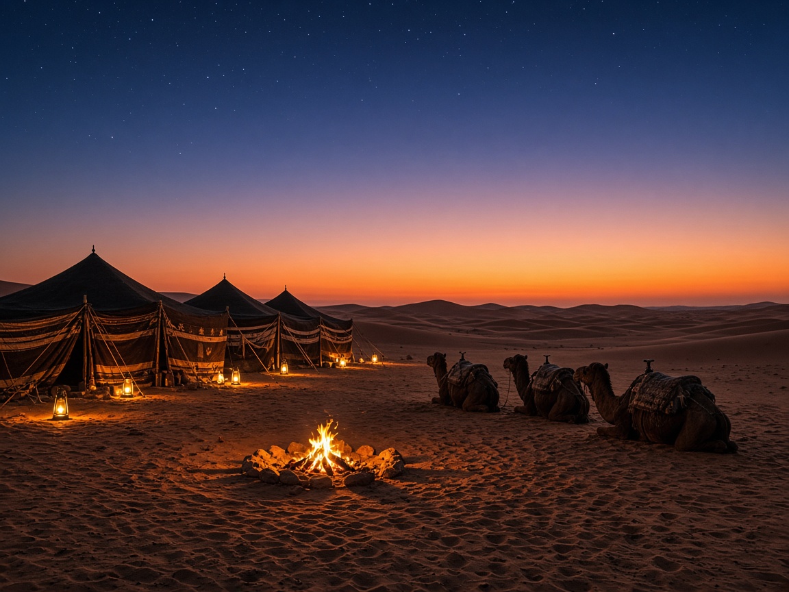 Campement de tentes et feu de camp dans les dunes de Timimoun