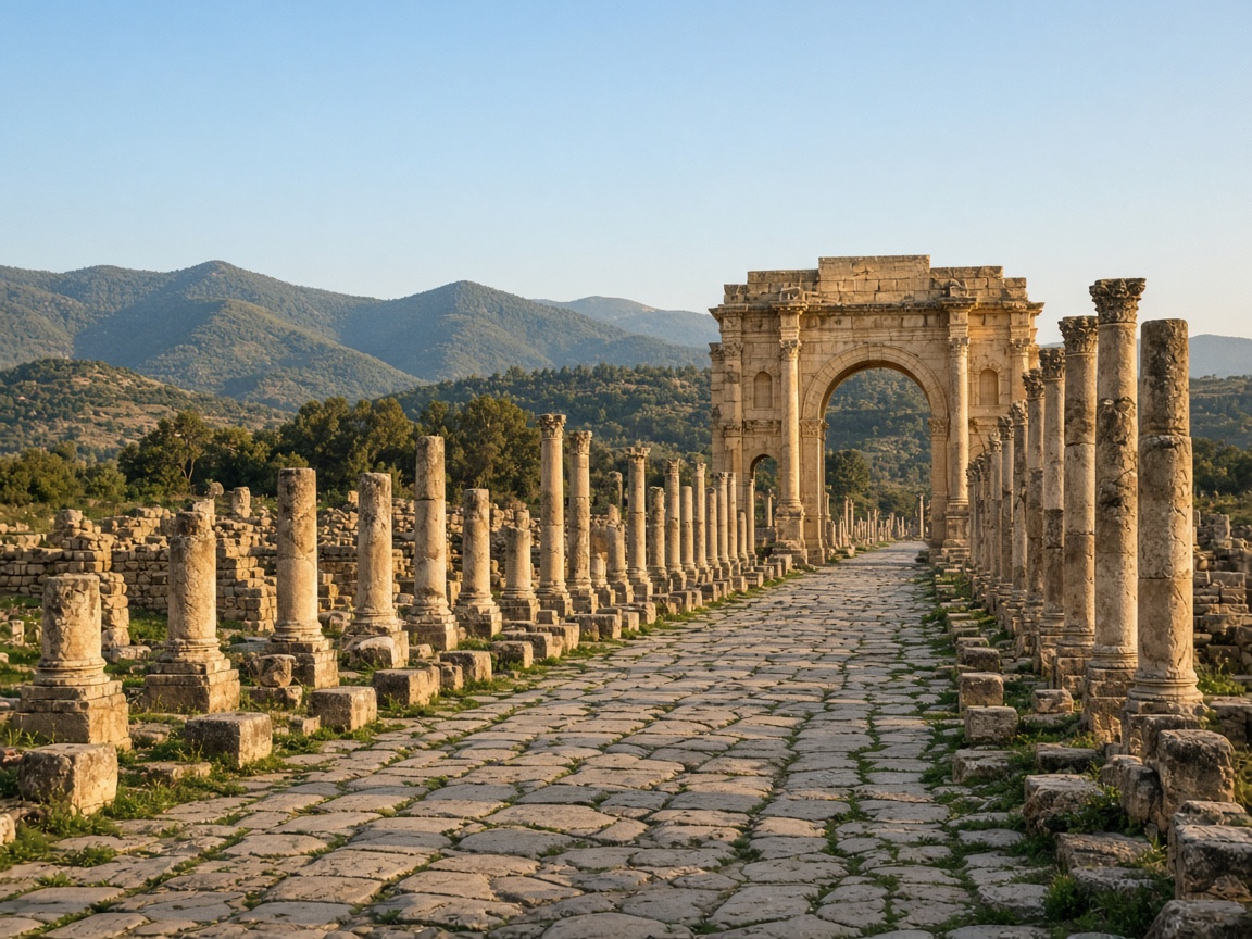 Arc de Trajan et rue à colonnades de Timgad