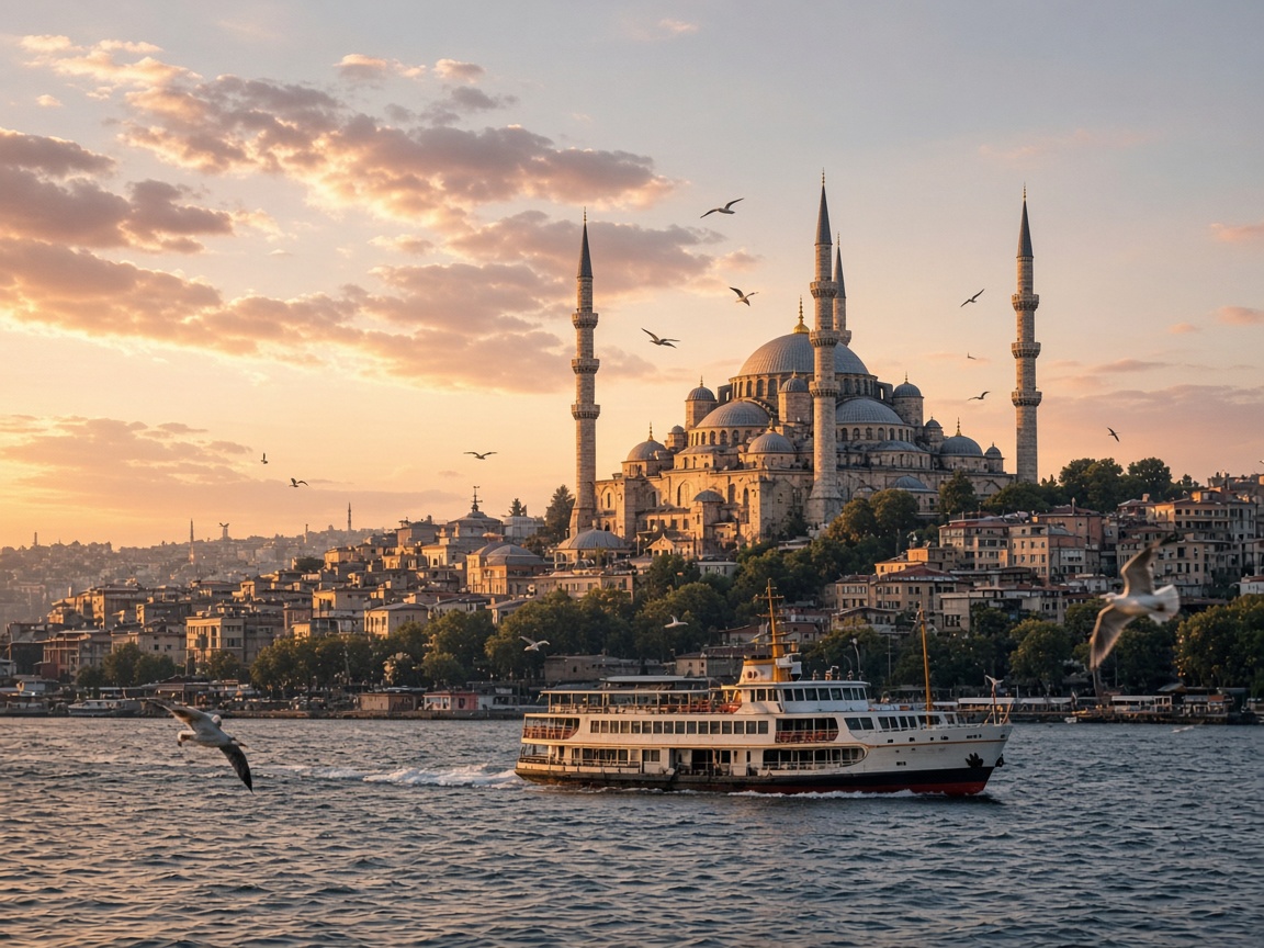 Mosquée et ferry sur le Bosphore à Istanbul au coucher du soleil
