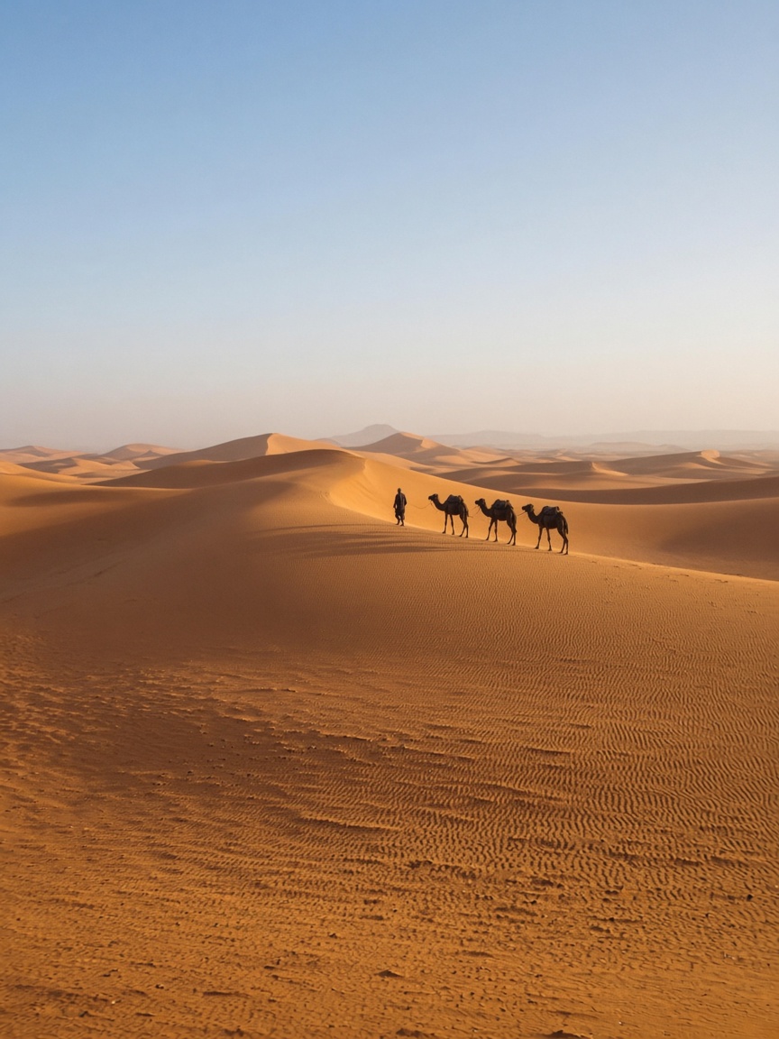 Caravane de dromadaires sur les dunes du Sahara, près de Timimoun