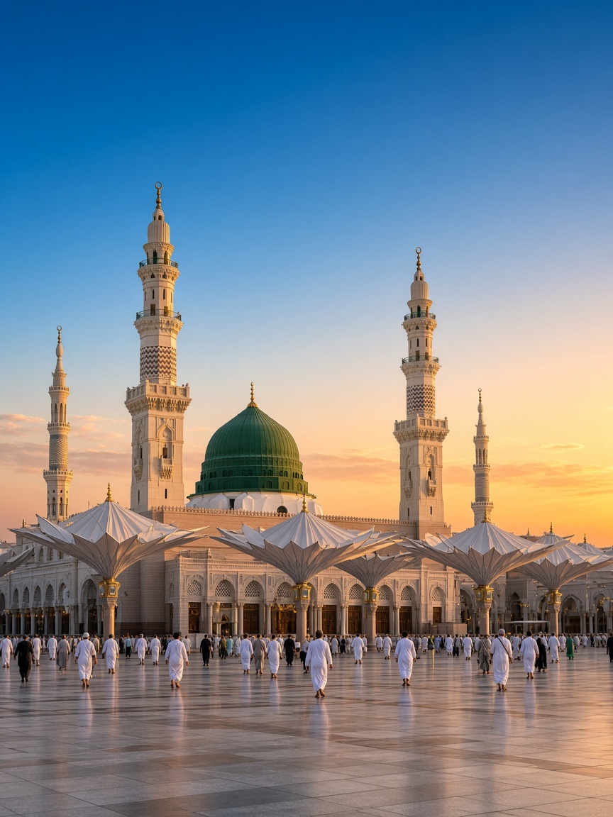 La mosquée du Prophète à Médine au coucher du soleil